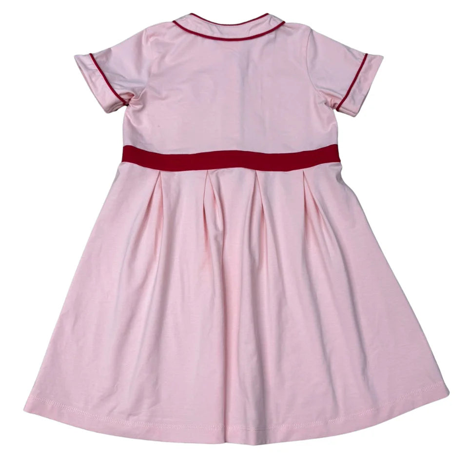 Pink Girls Play Baseball Dress w Red Trim