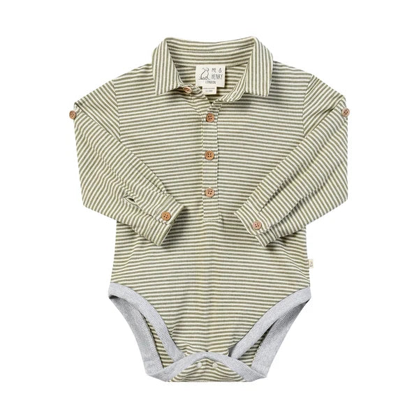 Sage and Cream Ribbed Stripe Polo Onesie