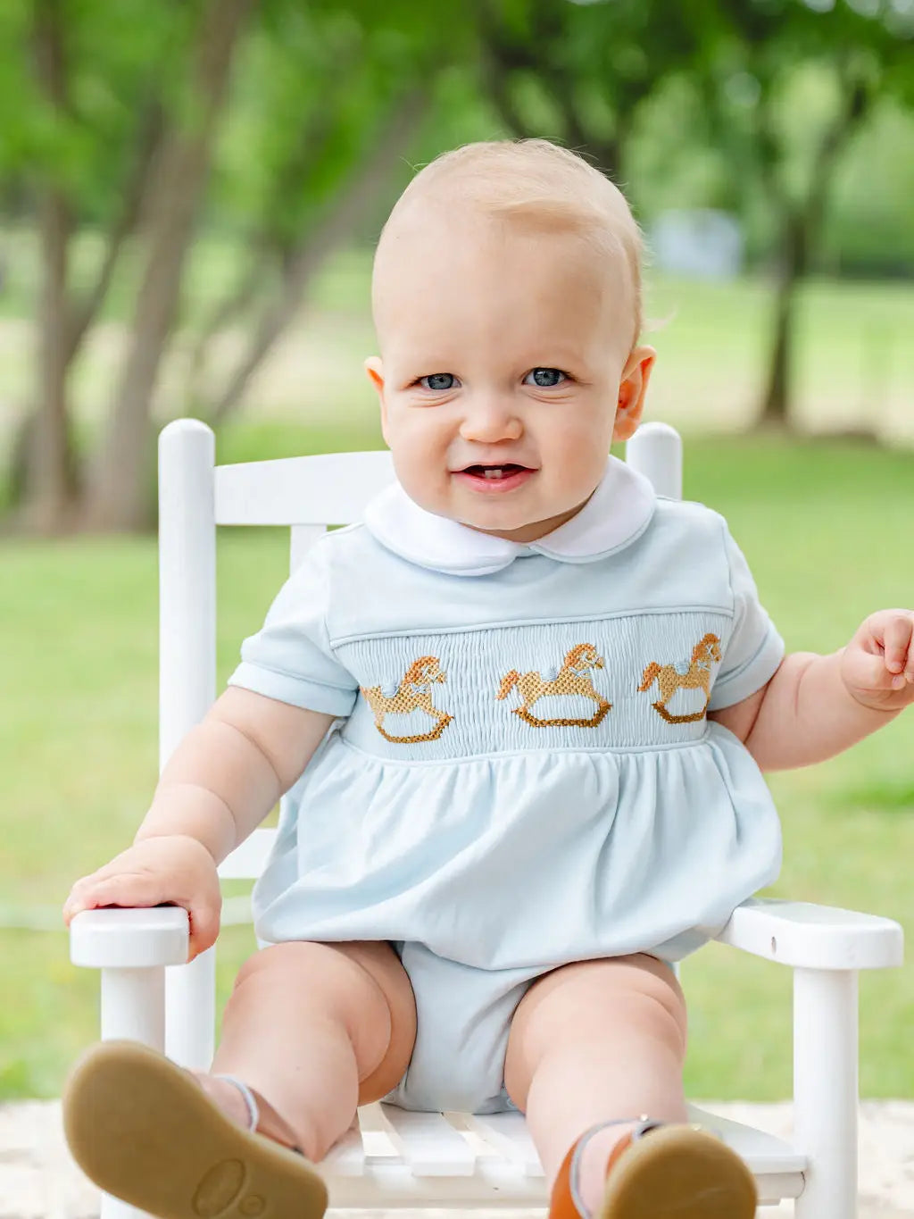 Blue Rocking Horses Smocked Pima Cotton Bubble