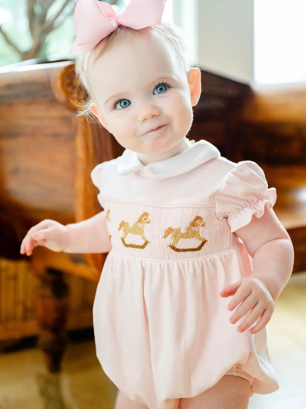Pink Rocking Horses Smocked Pima Cotton Bubble