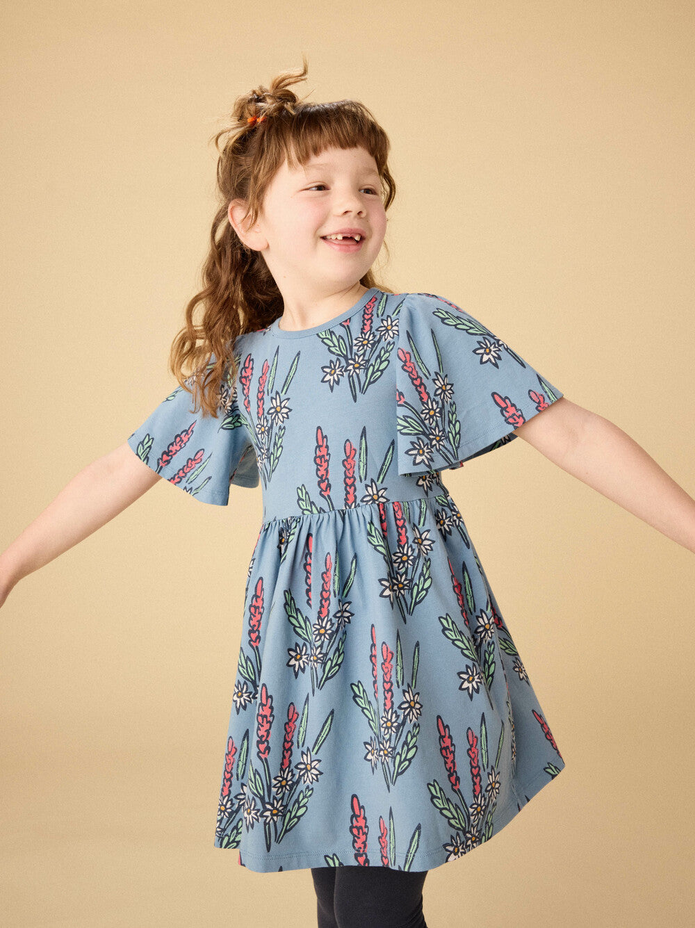 Blue Block Print Butterfly Sleeve Dress