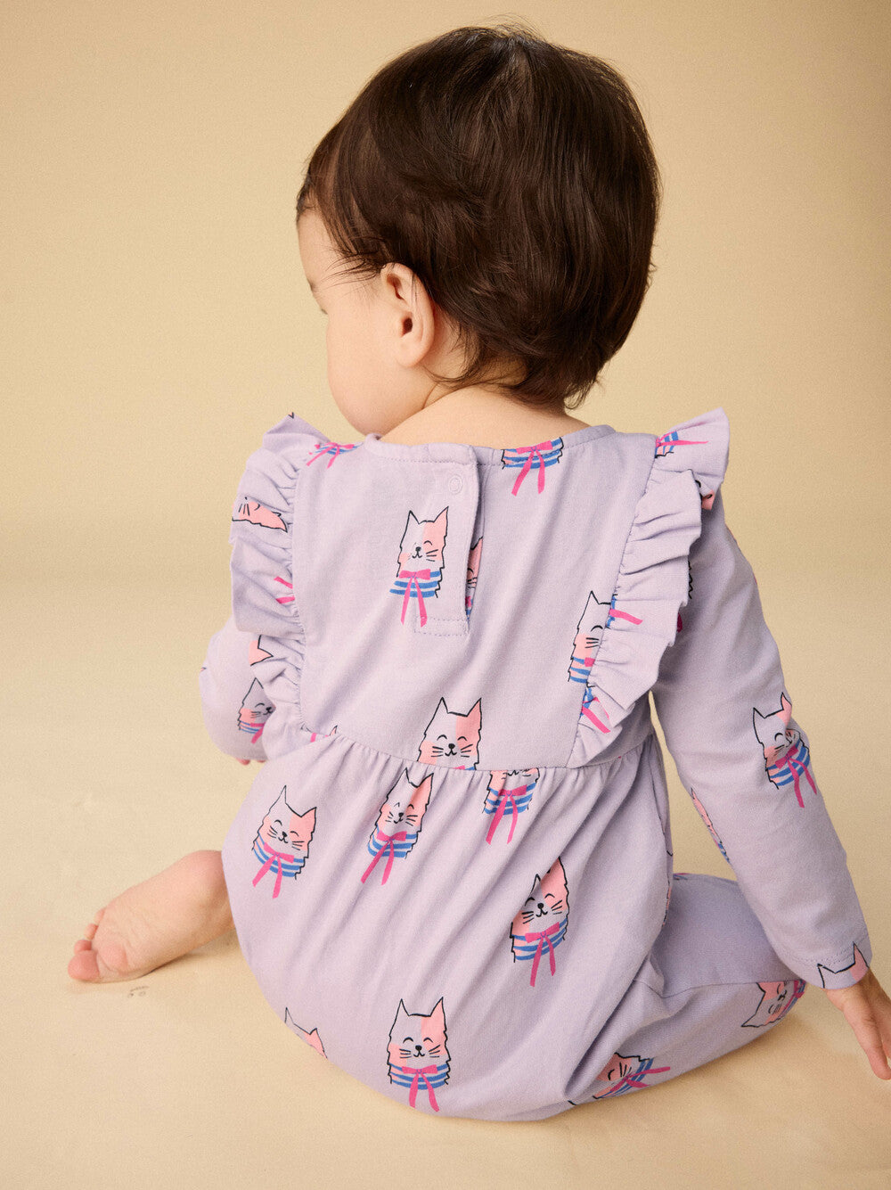 Pink Bowtie Cats Ruffle Shoulder Romper
