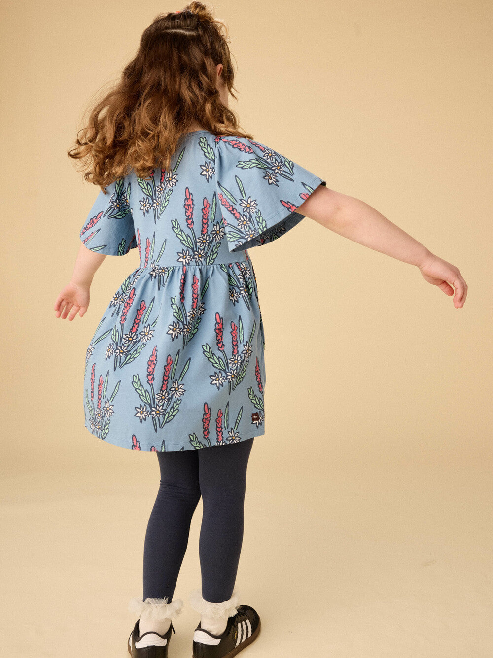 Blue Block Print Butterfly Sleeve Dress