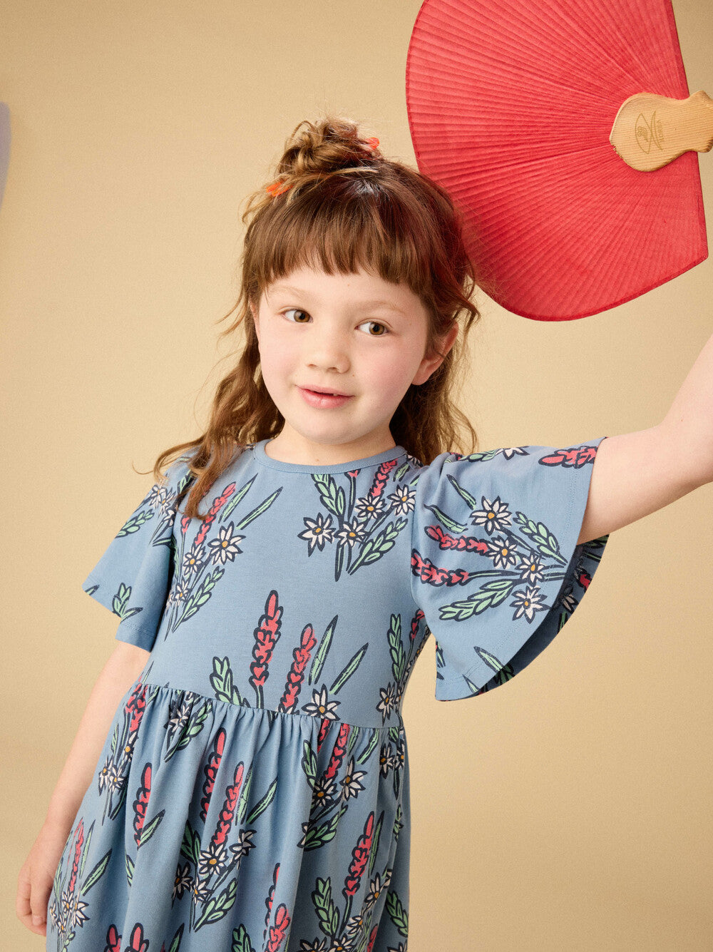 Blue Block Print Butterfly Sleeve Dress