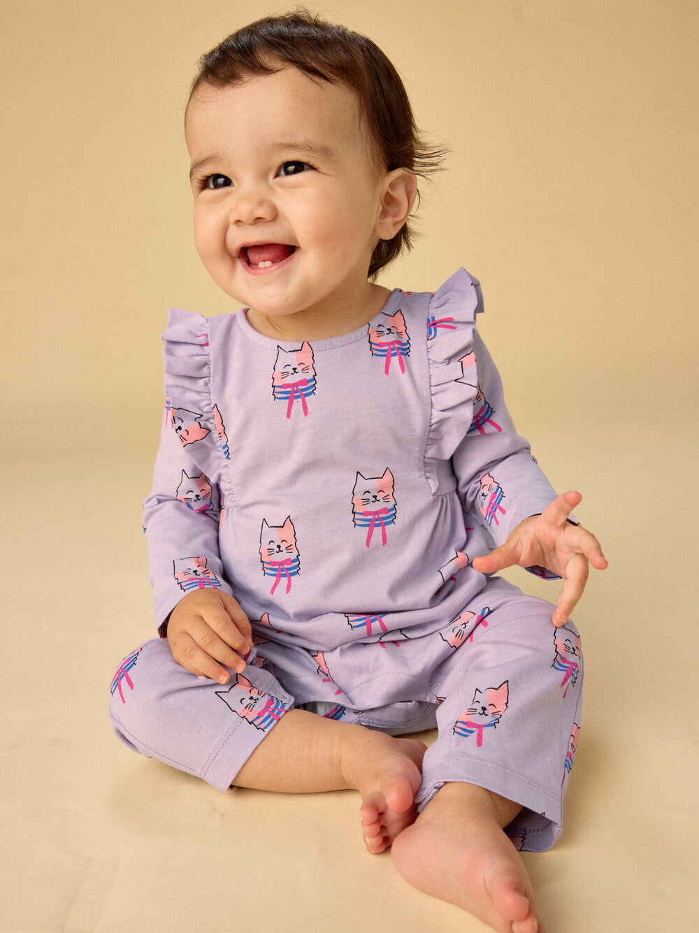 Pink Bowtie Cats Ruffle Shoulder Romper