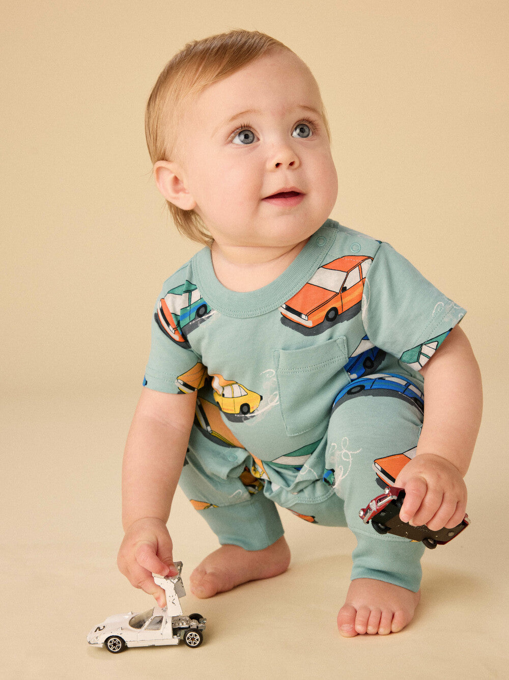 Vintage Cars Print Pocket Romper