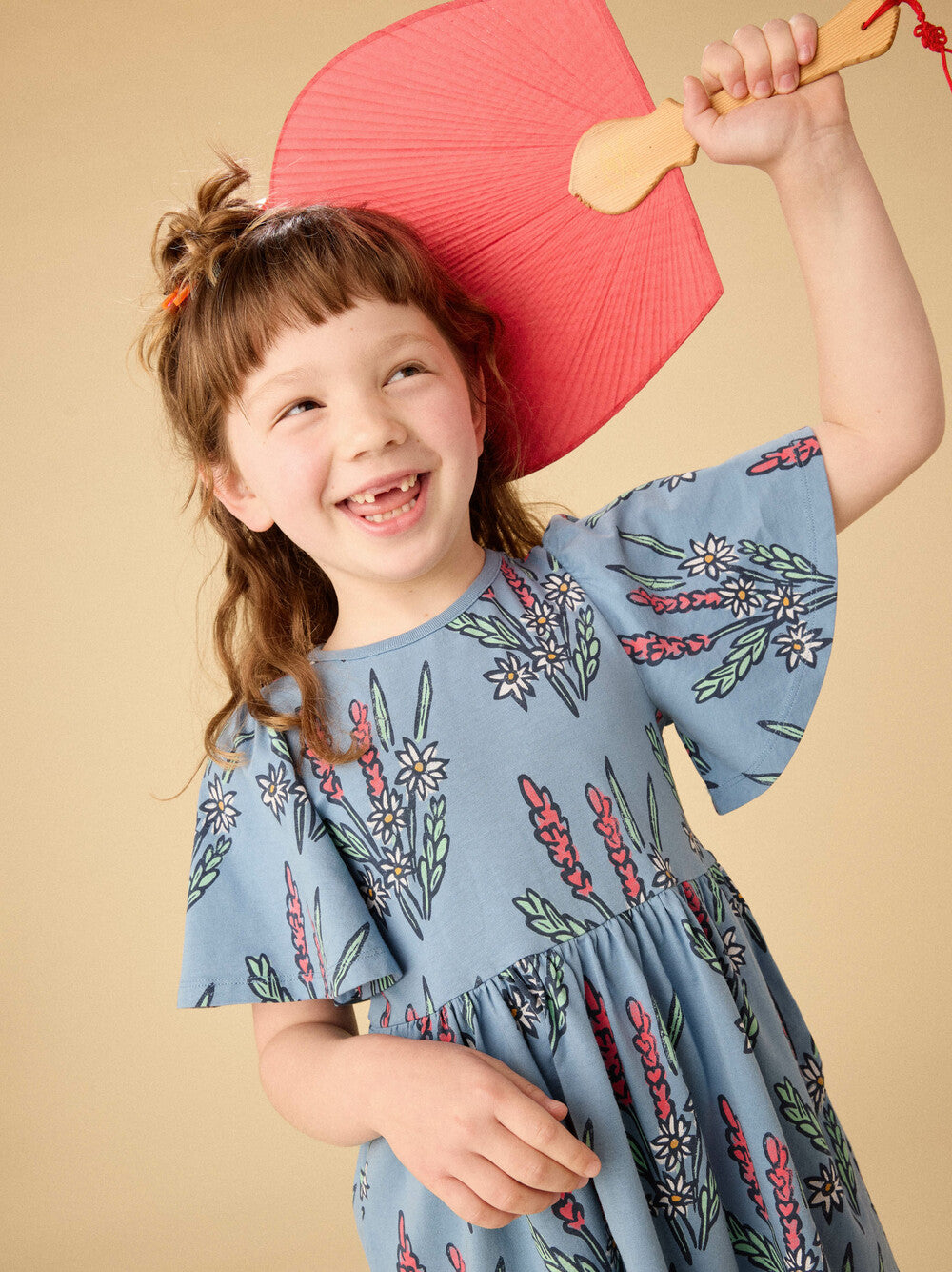 Blue Block Print Butterfly Sleeve Dress