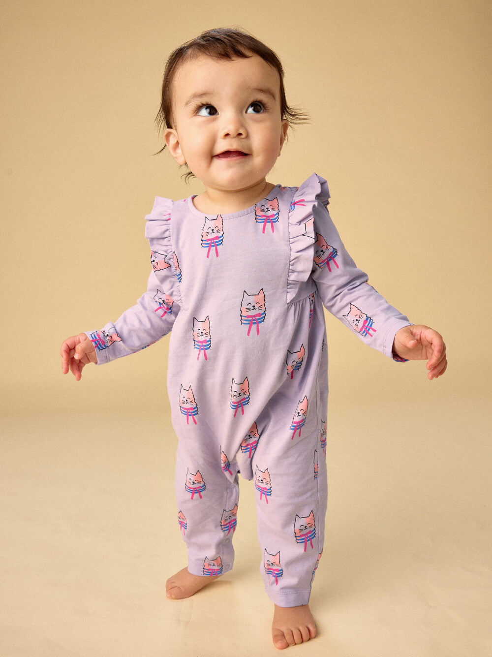 Pink Bowtie Cats Ruffle Shoulder Romper