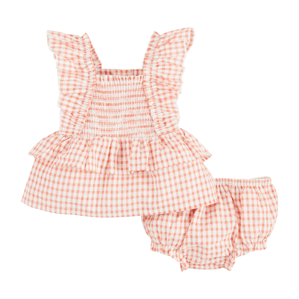 Pink Smocked Check Pinafore Set