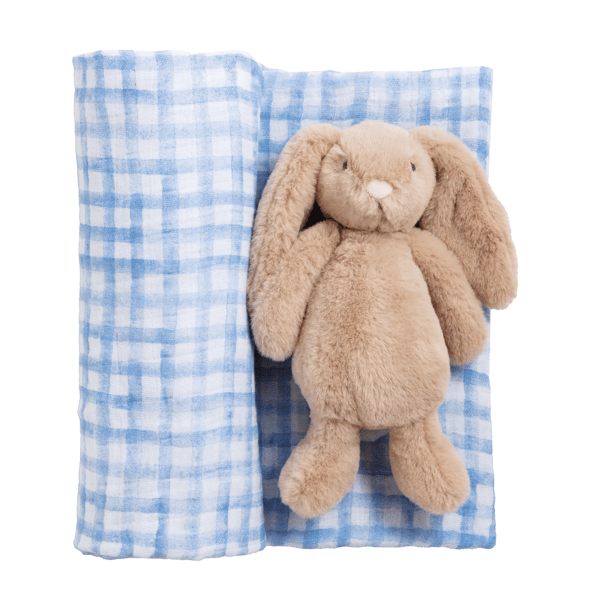 Blue Check Bunny Swaddle and Rattle Set