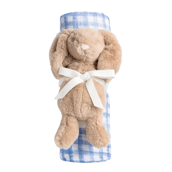 Blue Check Bunny Swaddle and Rattle Set
