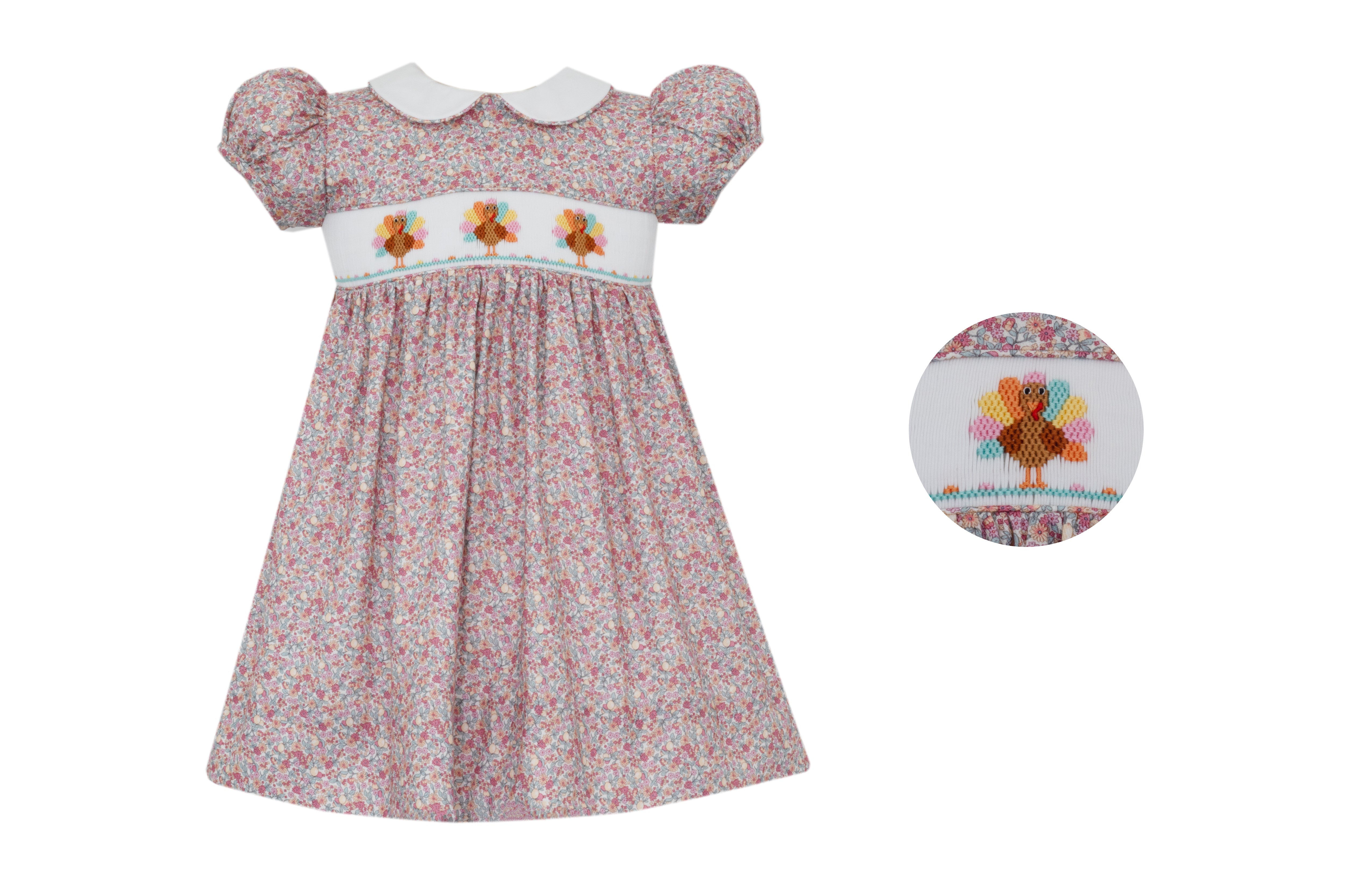 Smocked Turkey Floral Collared Dress