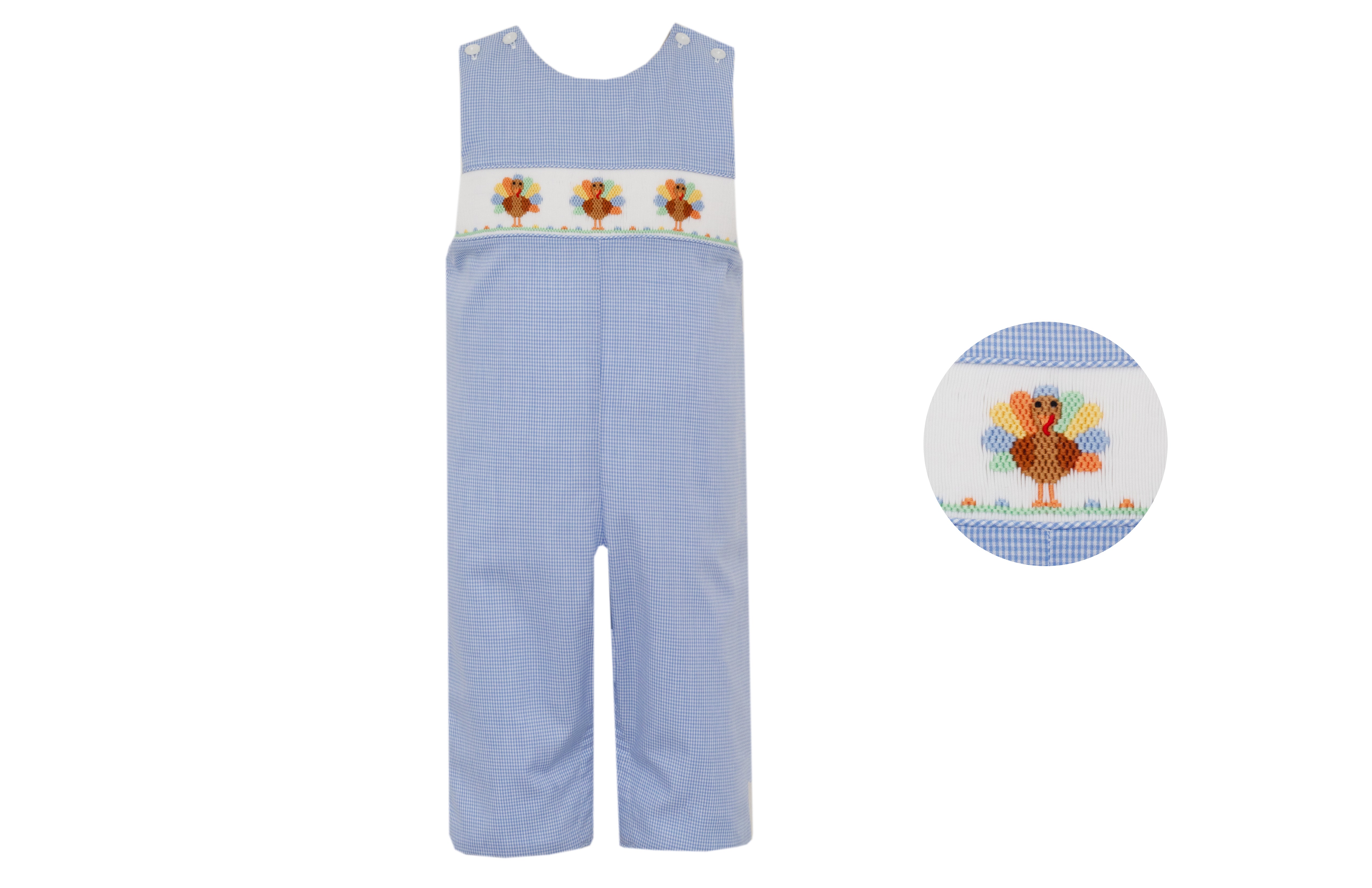Smocked Turkey Blue Gingham Long Jon Jon