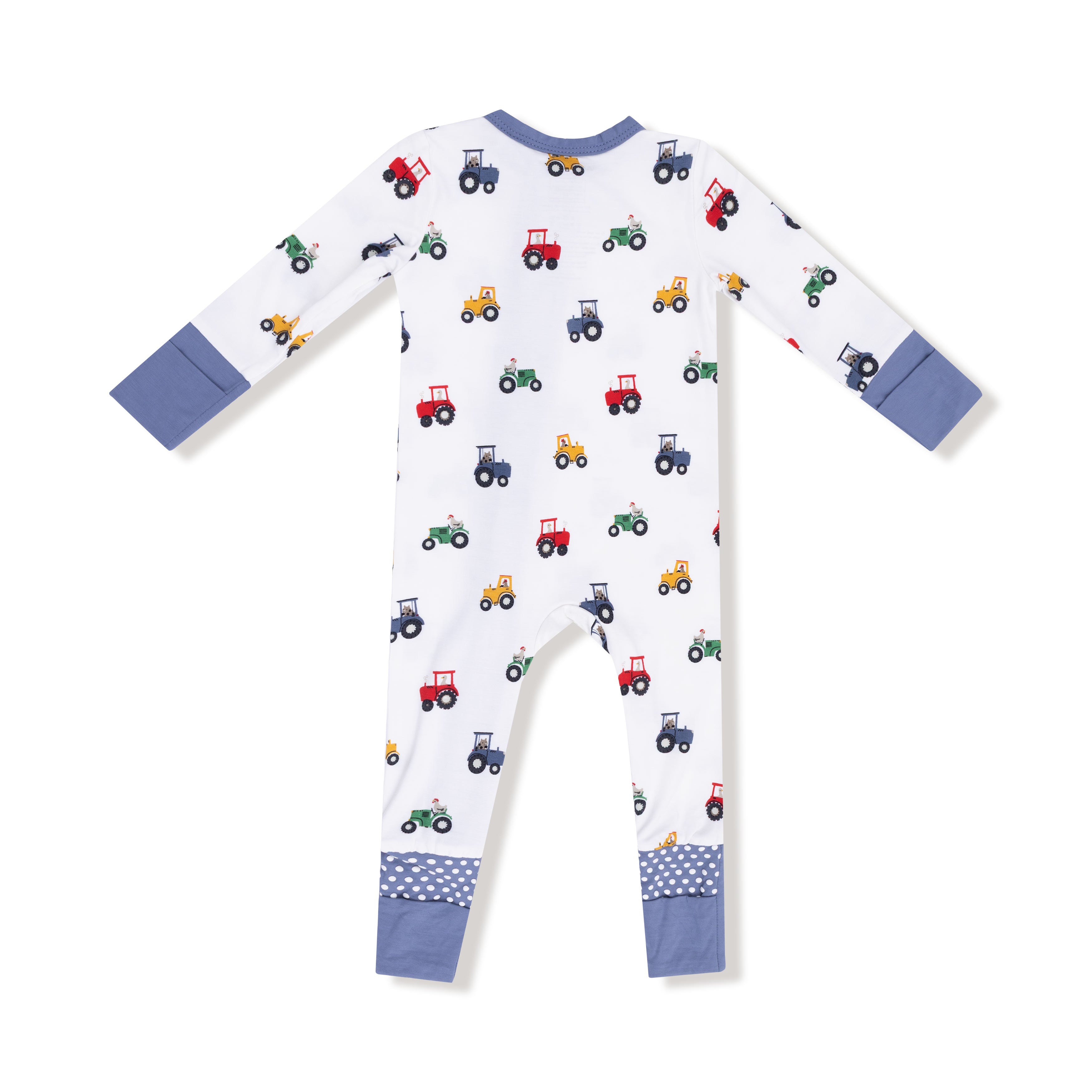 Mini Tractors Blue Trim 2-Way Zip Romper