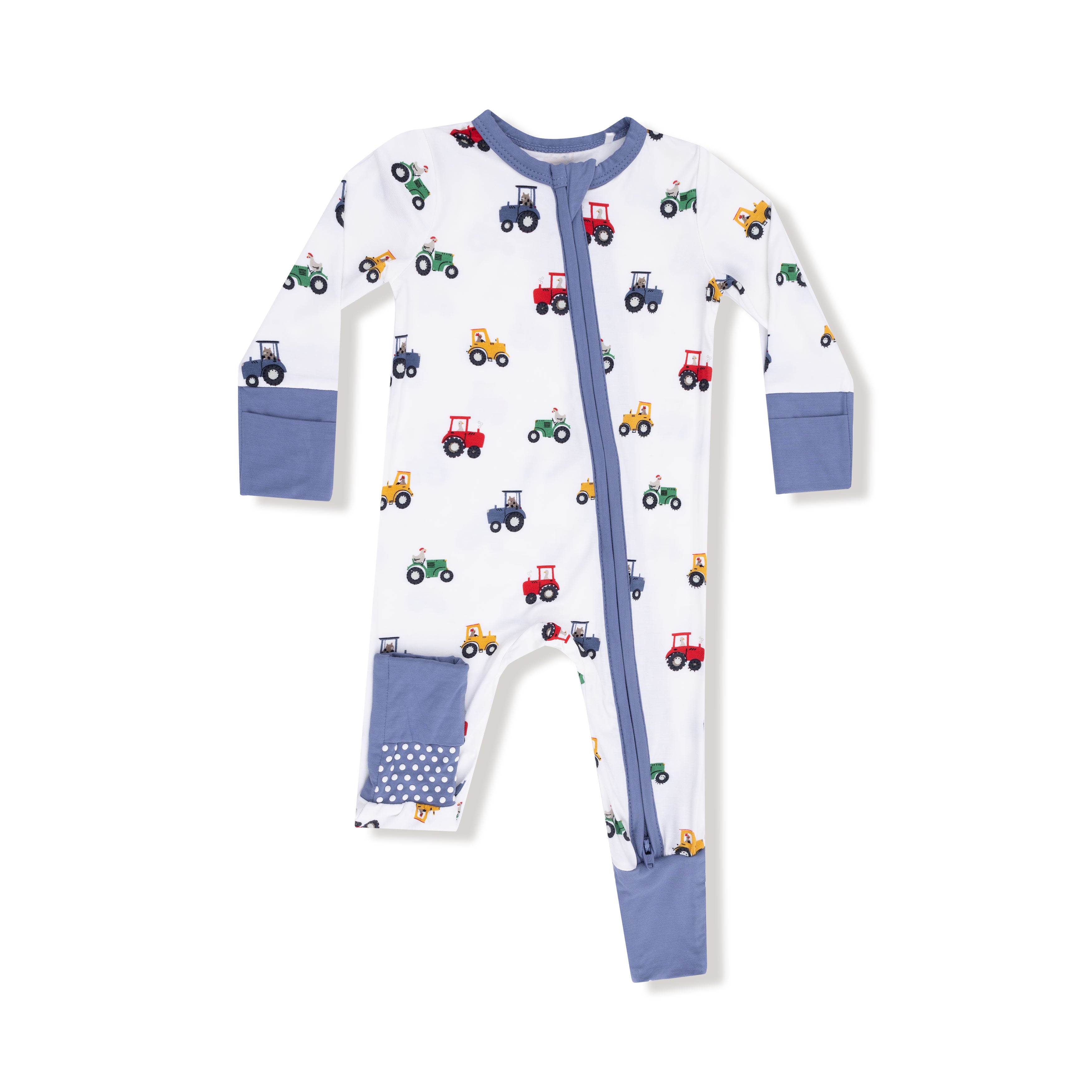 Mini Tractors Blue Trim 2-Way Zip Romper