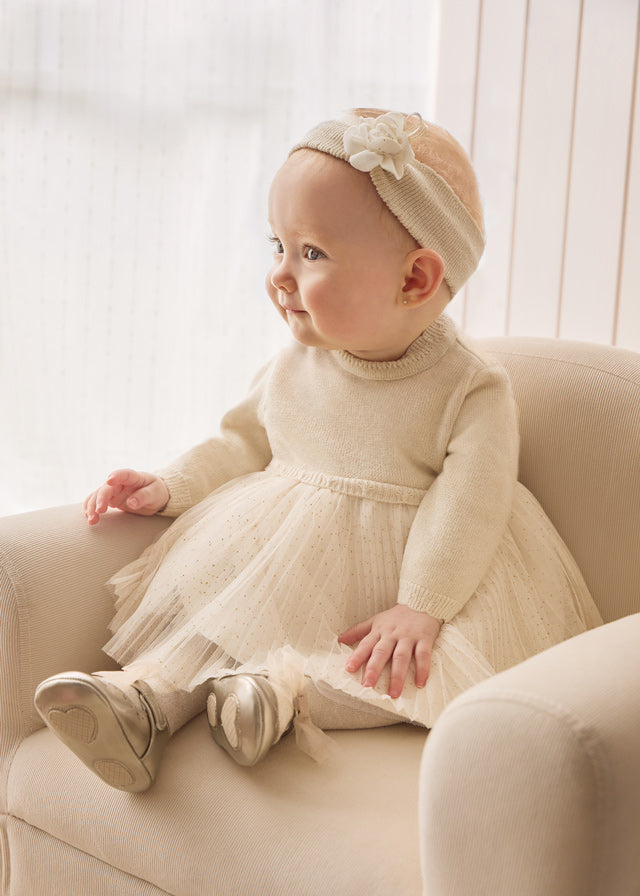 Cream Sweater Gold Pleated Tulle Dress