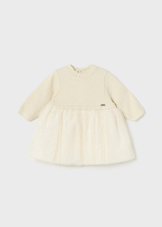 Cream Sweater Gold Pleated Tulle Dress