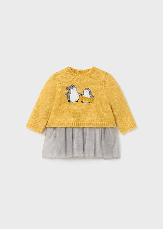 Mustard Penguin Sweater w Silver Tulle