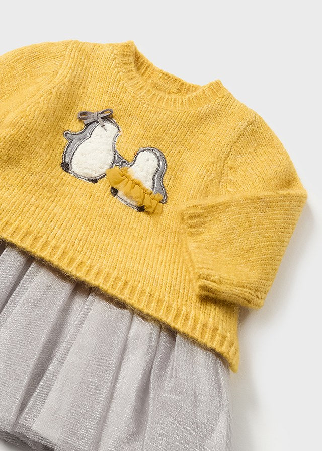 Mustard Penguin Sweater w Silver Tulle