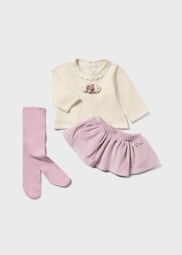 Velvet Mauve Skirt & Cream Sweater Set w Tights