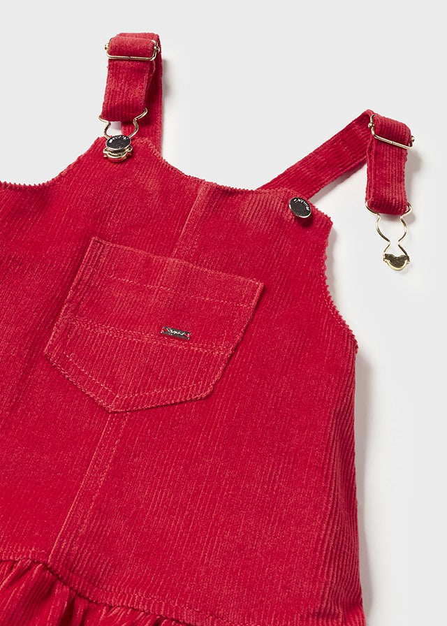 Red Corduroy Ruffle Overall Dress