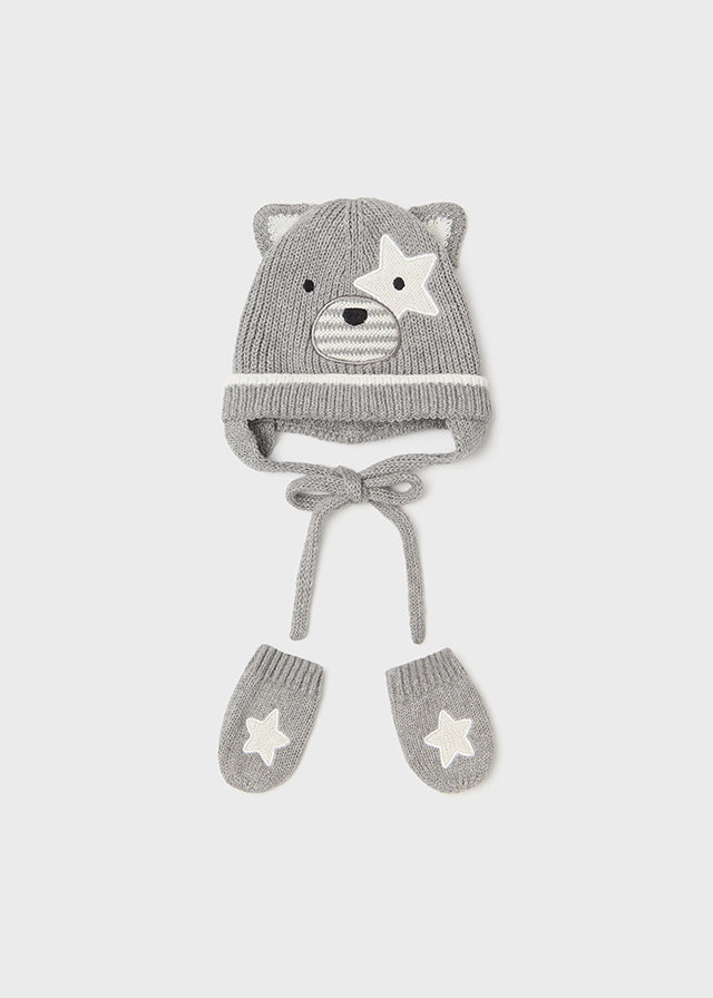 Gray Bear Hat & Star Mittens Set