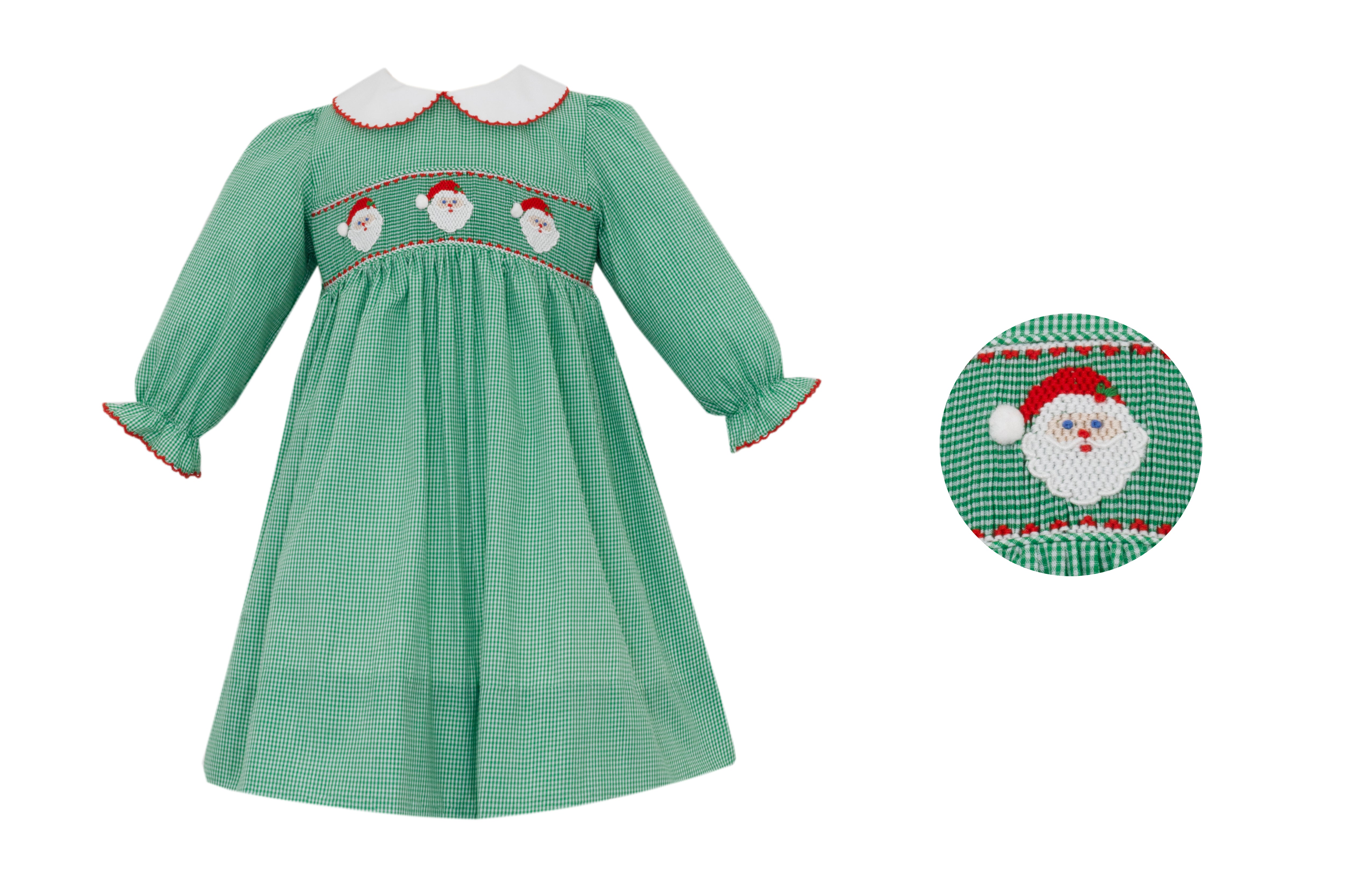 Green Gingham Smocked Santa Face Collar Dress
