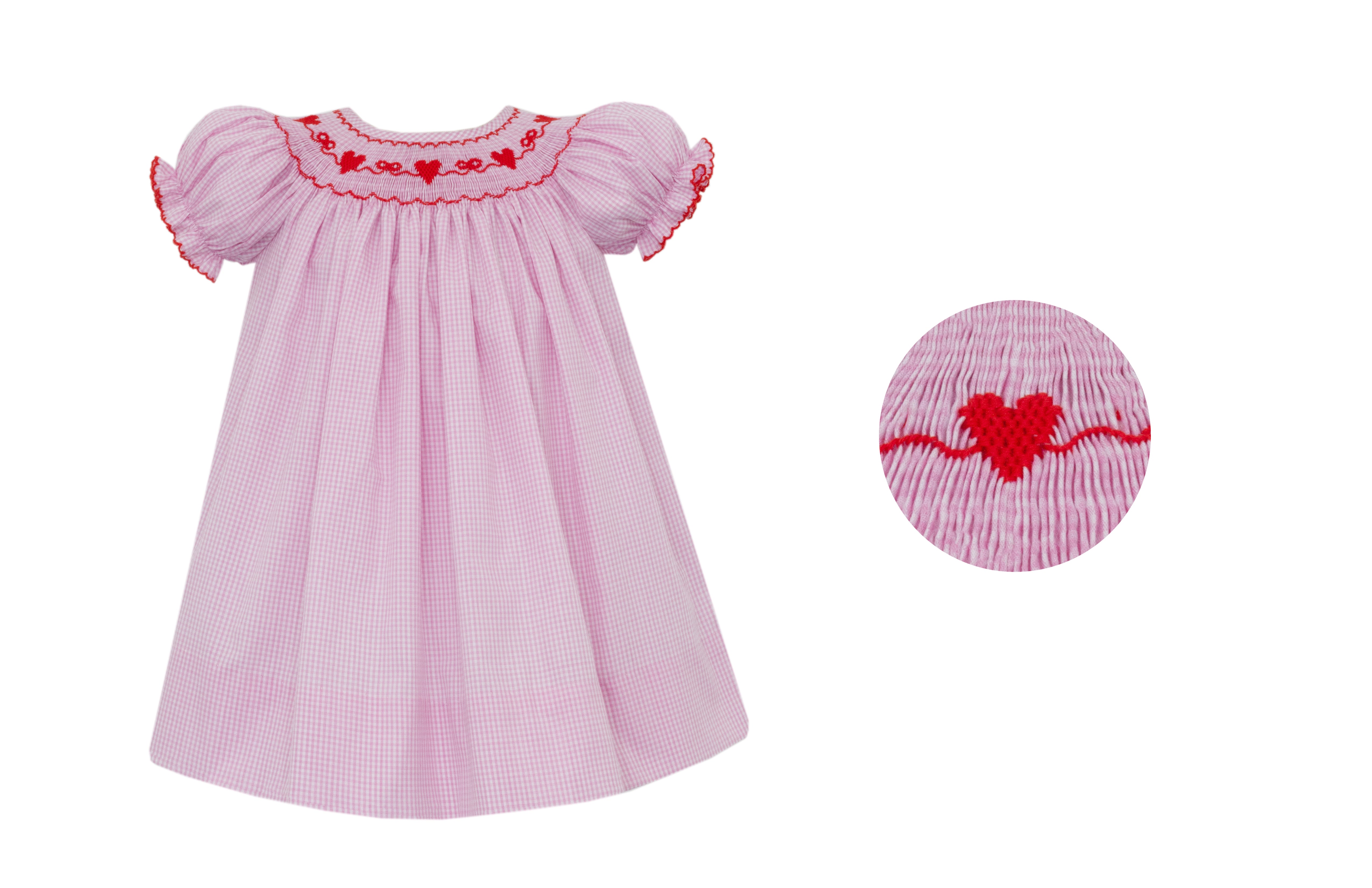 Pink Gingham Smocked Heart Bow SS Dress