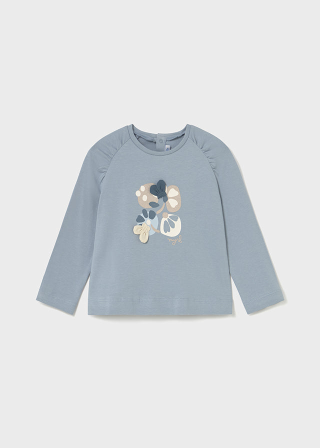 Blue Gathered Raglan Graphic Floral LS Tee