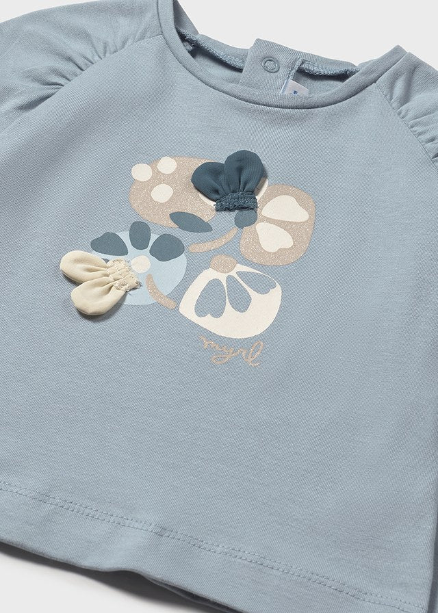 Blue Gathered Raglan Graphic Floral LS Tee