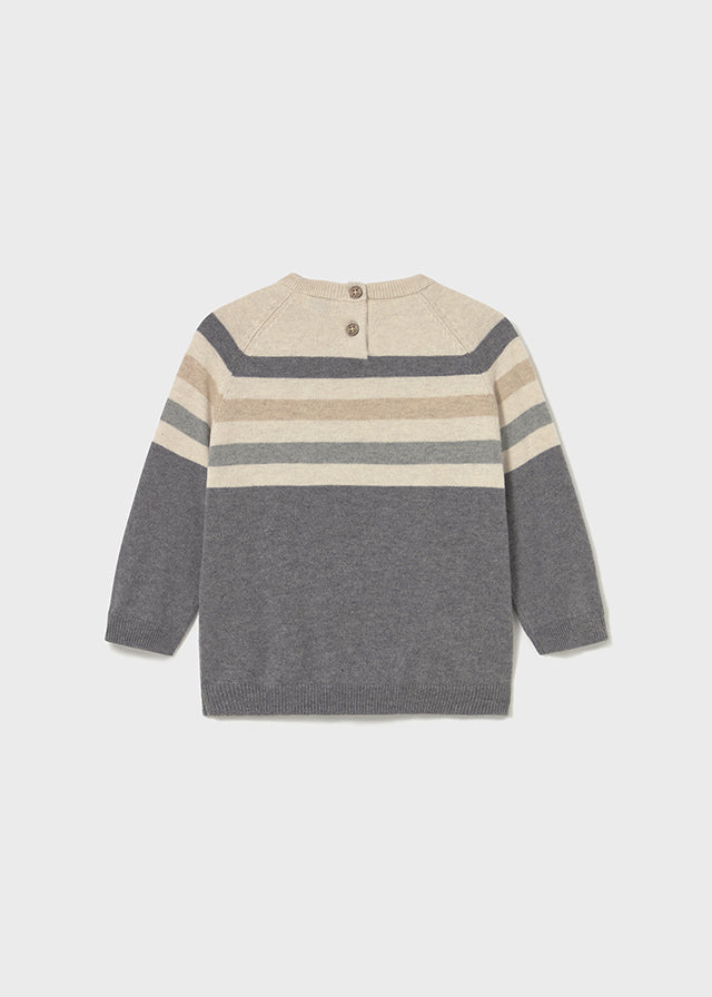 Tan Gray Shoulder Striped Button Sweater