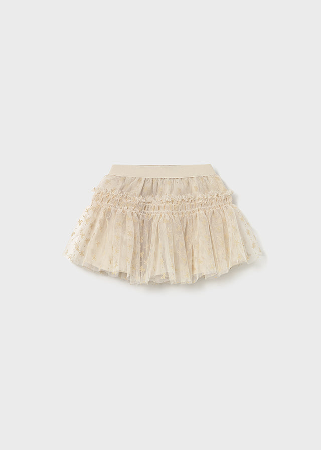 Light Gold Bow Print Tulle Skirt