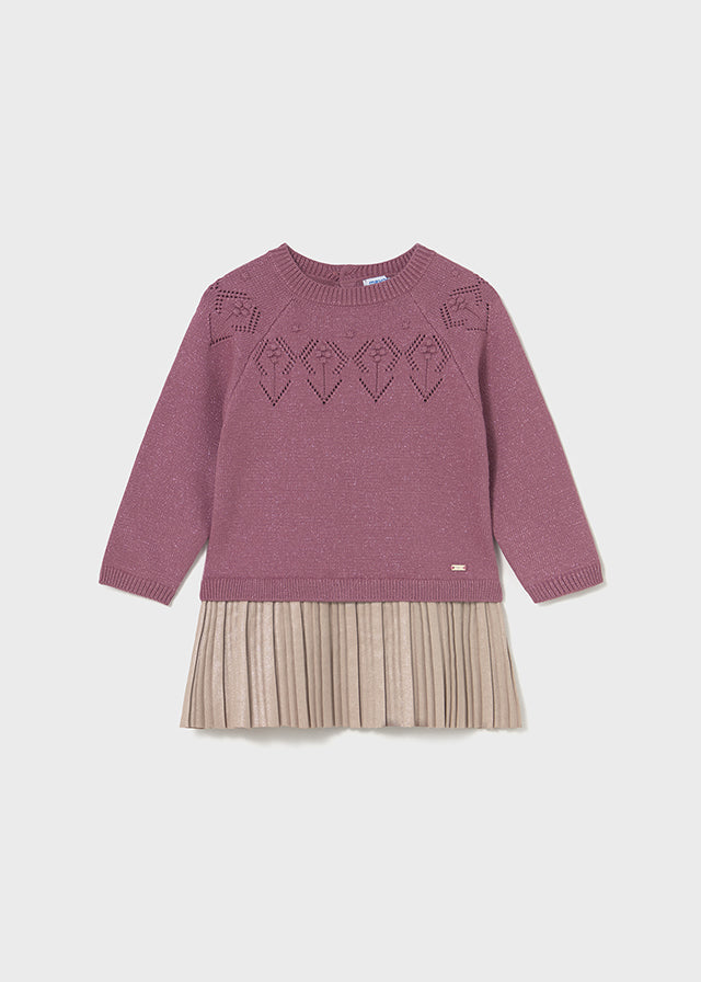 Magenta Sweater Gold Pleated Skirt Dress