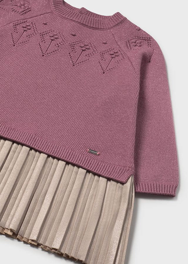 Magenta Sweater Gold Pleated Skirt Dress