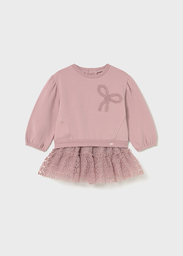 Pink Puff Sleeve Bow Sweatshirt & Tulle Skirt