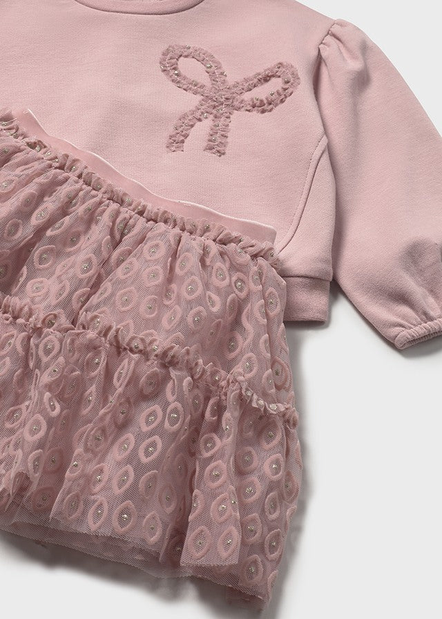 Pink Puff Sleeve Bow Sweatshirt & Tulle Skirt