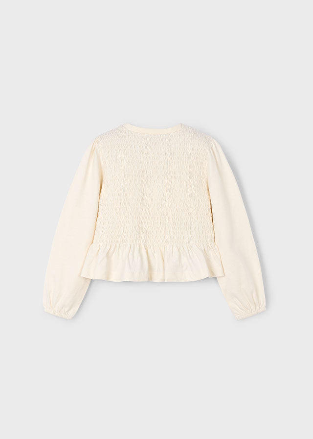 Cream Smocked LS Peplum Top