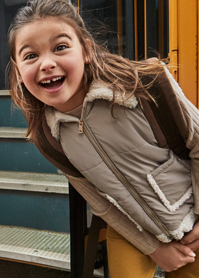 Khaki Shearling Zip Pocket Vest