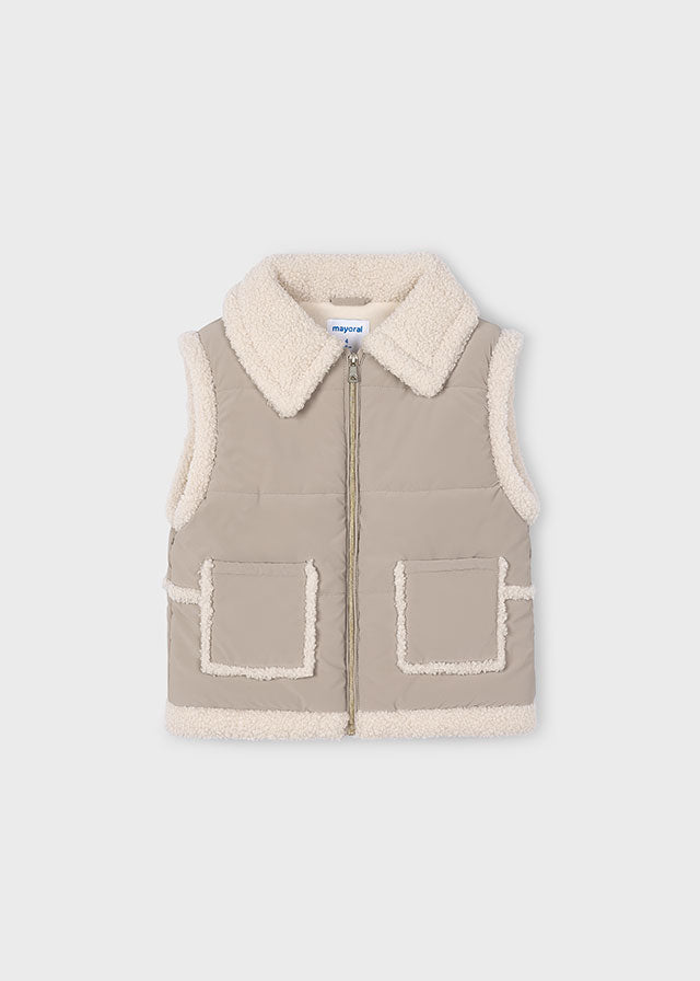 Khaki Shearling Zip Pocket Vest