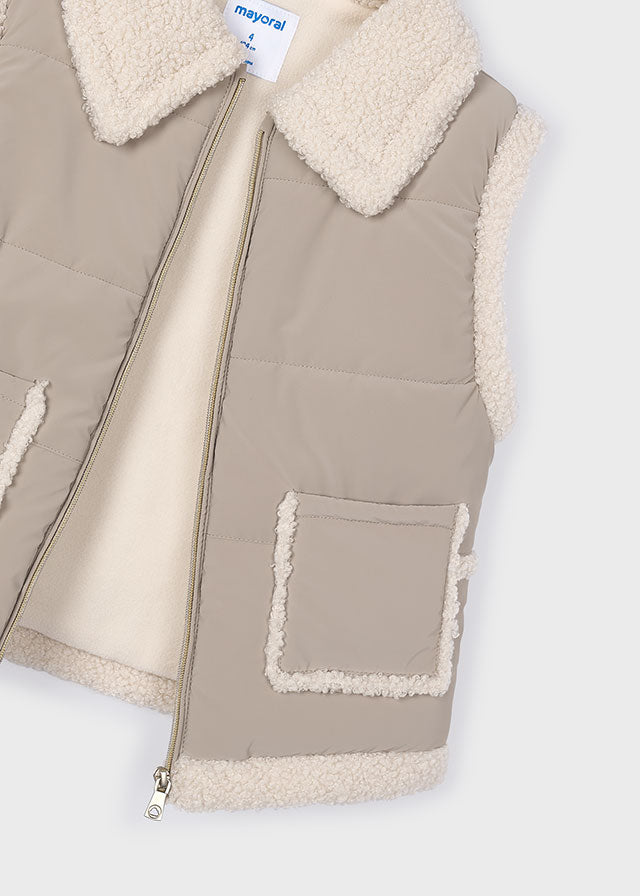 Khaki Shearling Zip Pocket Vest