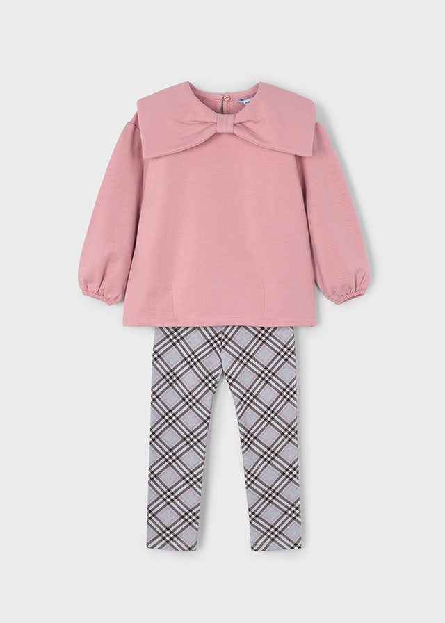 Pink Bow Collar Top & Gray Plaid Leggings