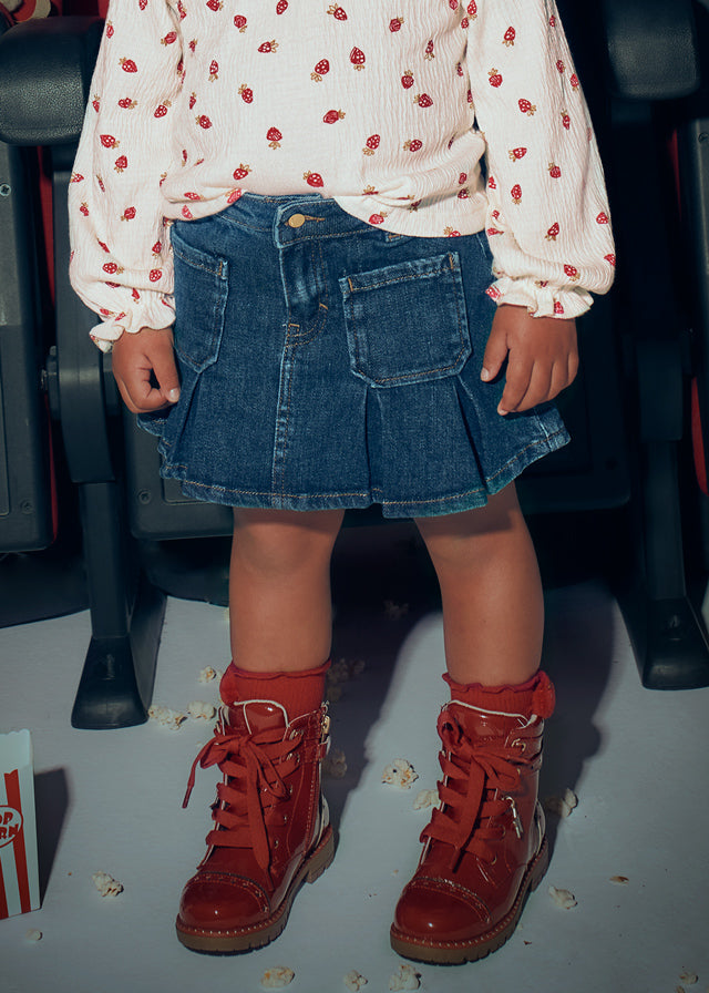 Pleated Dark Denim Pocket Skirt