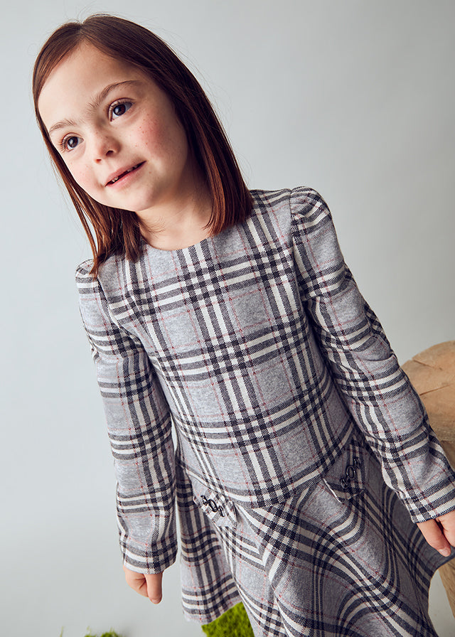 Gray Plaid LS Ruffle Skirt Dress