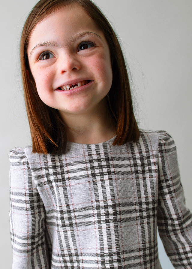 Gray Plaid LS Ruffle Skirt Dress