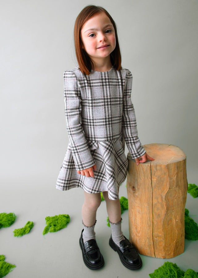 Gray Plaid LS Ruffle Skirt Dress