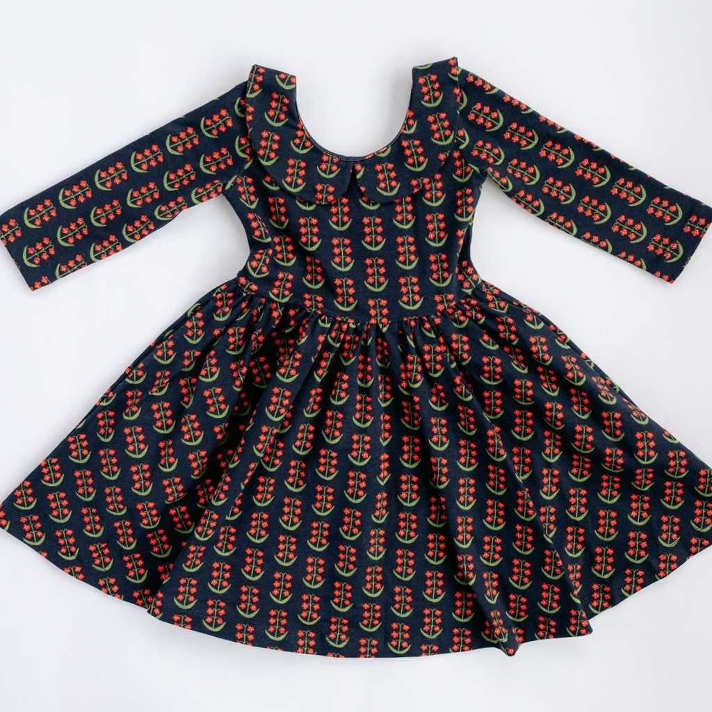 Navy Floral Collared Twirl Dress