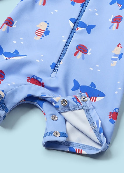 Blue Shark Print Swim Bodysuit & Bucket Hat