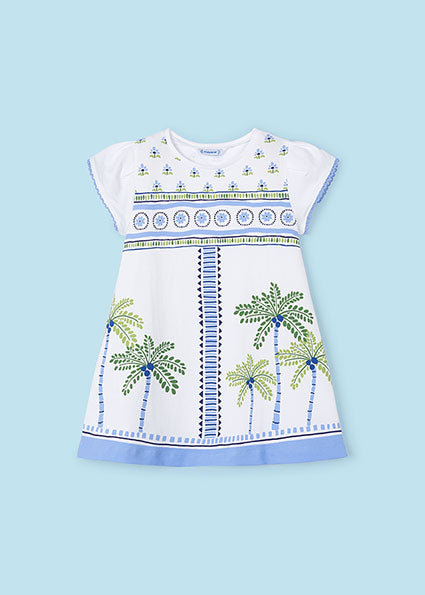 Palm Tree Printed White SS Tee Dress