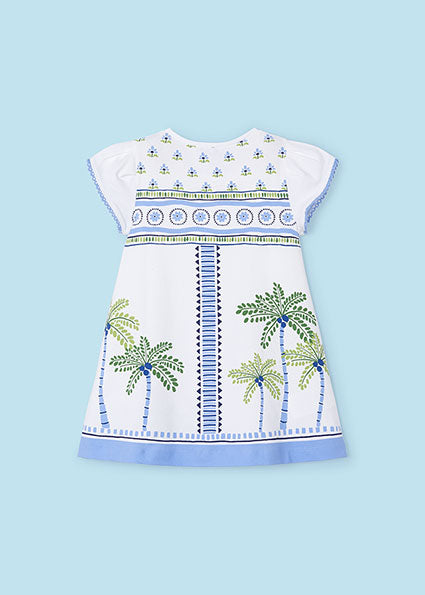 Palm Tree Printed White SS Tee Dress