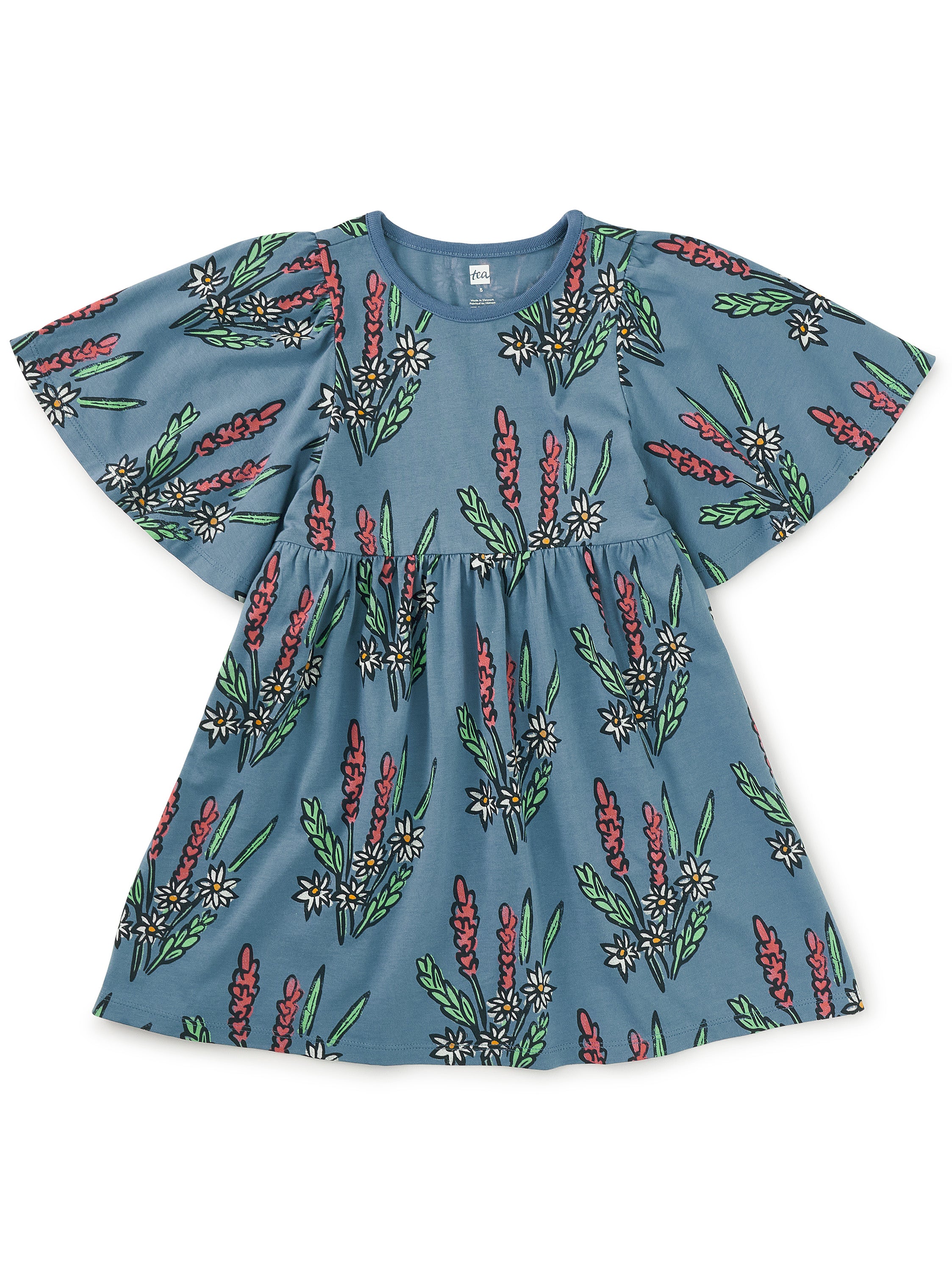 Blue Block Print Butterfly Sleeve Dress